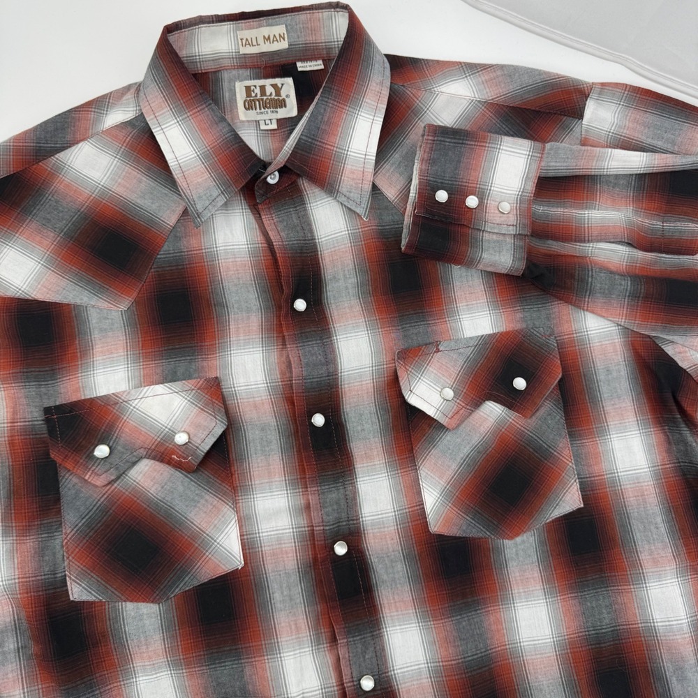 Ely Cattleman Western Shirt Mens LT Red Black Plaid Pearl Snap Tall Man